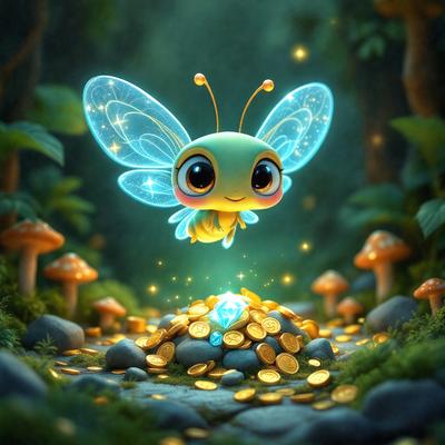 Primary subject: A cartoon butterfly with a smile on its face.

Setting/background: A forest with mushrooms and rocks.

Visual style: Digital art.

Colors and mood: The butterfly is blue, and it has a happy and cheerful appearance.